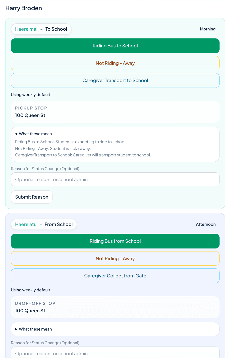 Caregiver Ride Plan cropped to show Haere mai, Haere atu, and ride-plan options.